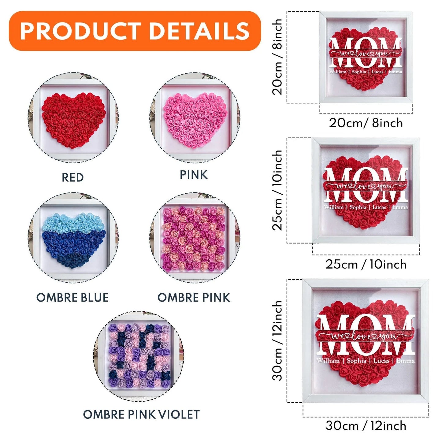 Personalized Flower Shadow Box Gift for Mum Custom Names Rose Frame Mothers Day Present