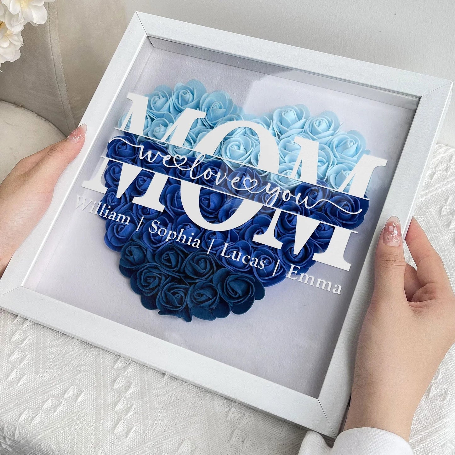 Personalized Flower Shadow Box Gift for Mum Custom Names Rose Frame Mothers Day Present