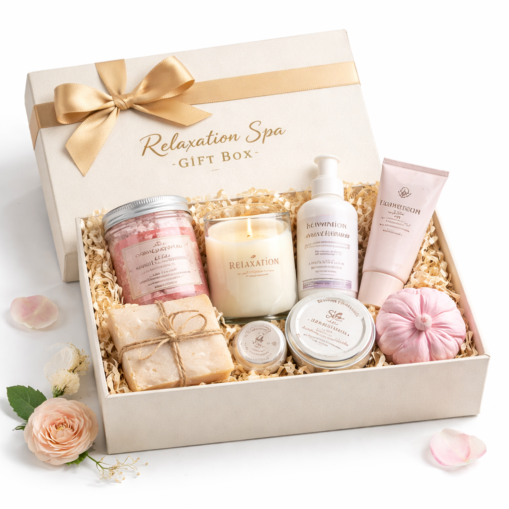 Relaxation Spa Gift Box – Luxury Self Care Hamper with Candle, Bath Salts & Skincare